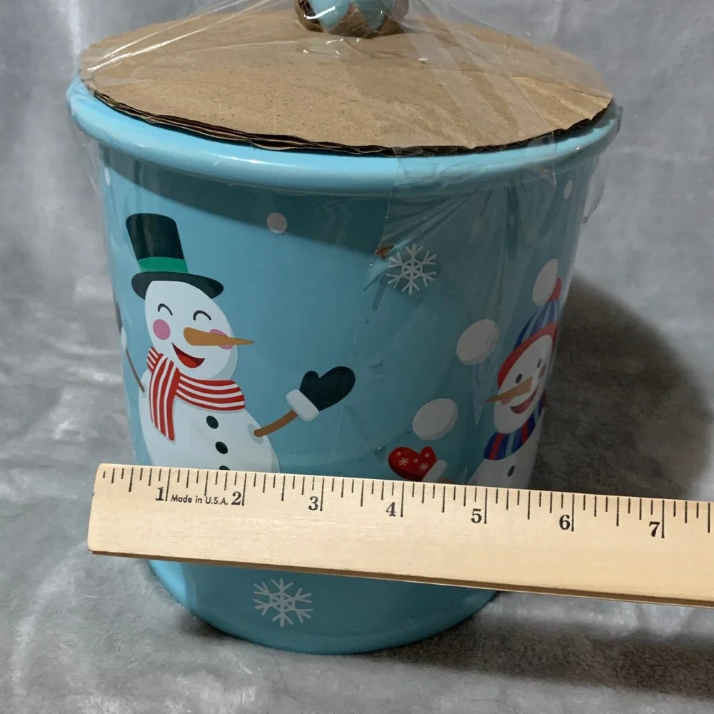Mrs‎ Fields Snowman Ceramic Cookie Jar Blue Christmas Holiday Treat Canister Lid